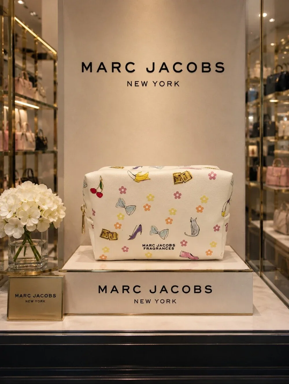Marc Jacobs Cream Floral & Icon Printed Cosmetic Pouch